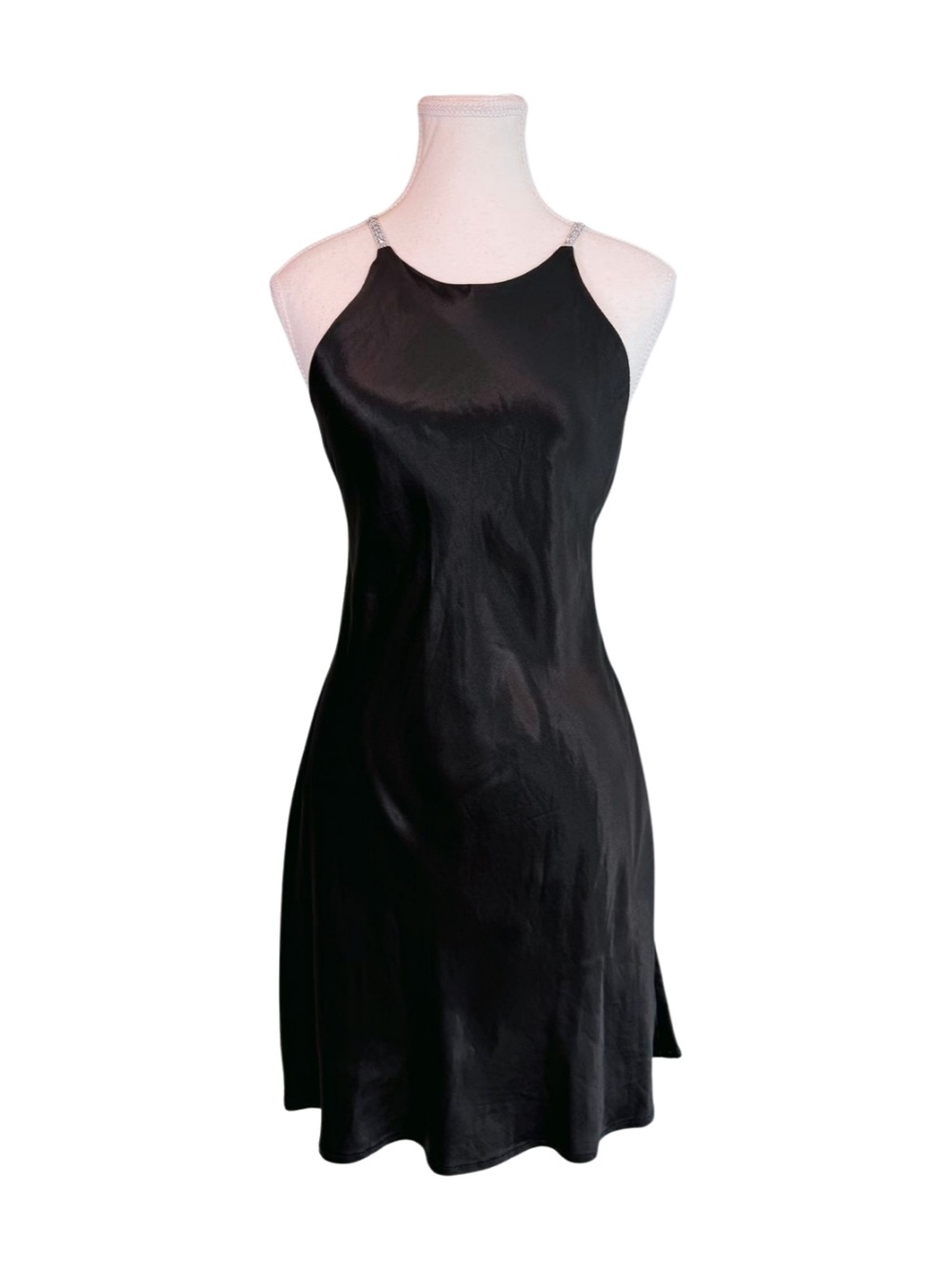 Vintage Black Satin Rhinestone Strap Slip Dress | Y2K Evening Cocktail Dress